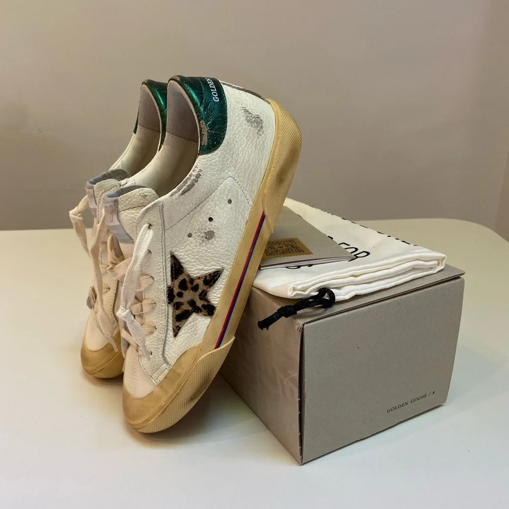 Golden Goose Superstar Penstar White Leather/Green/Leopard Star sz 38 New in Box - Picture 5 of 14